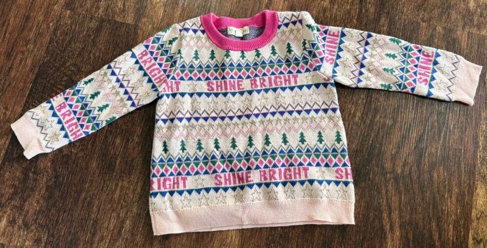 Tucker + Tate Girls Size 3 Pink Blue Fair Isle Holiday Crewneck Sweater EUC